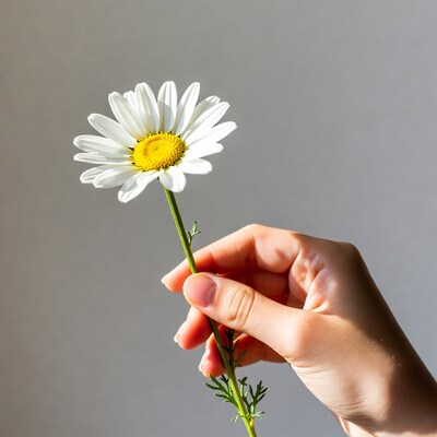 Hand holding white daisy flower