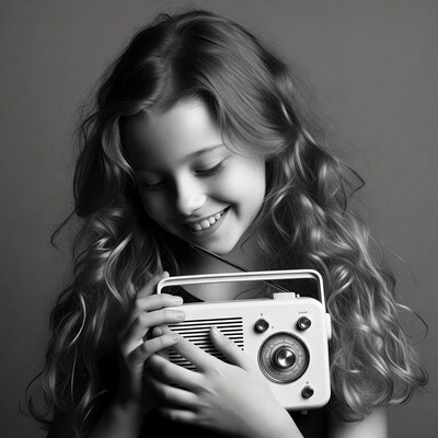 Girl holding vintage radio