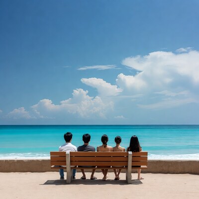 People sitting on bench by ocean