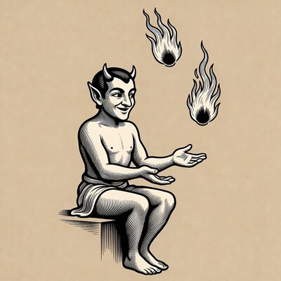 Devil juggling fireballs