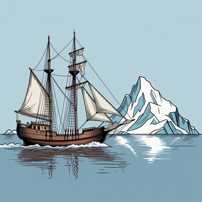 Sailing ship near snowy mountain