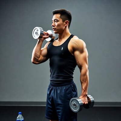 Asian man lifting dumbbells