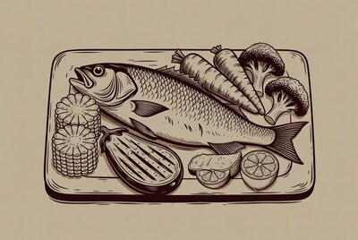 Fish and vegetables on tray
