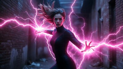 Woman controlling pink lightning