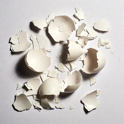 Broken white eggshells on white background