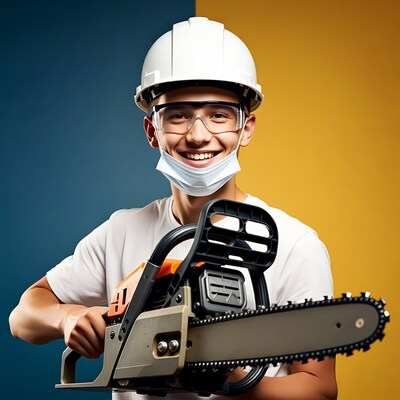 Young man holding chainsaw