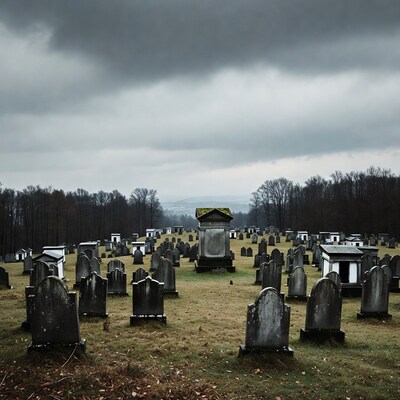 Graveyard with tombstones under cloudy sky