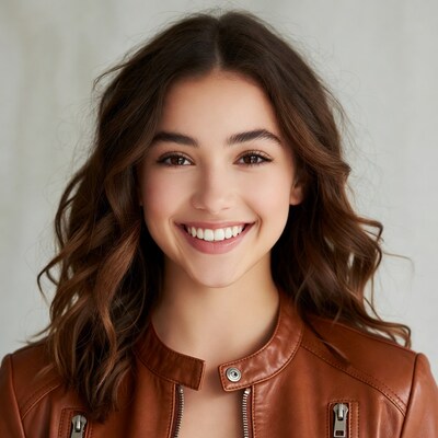 Smiling woman in brown leather jacket