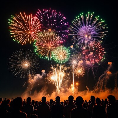 Crowd watching colorful fireworks display