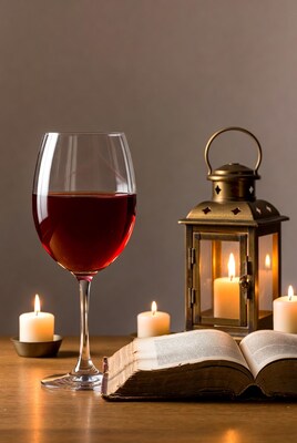 Wine glass with book and lantern