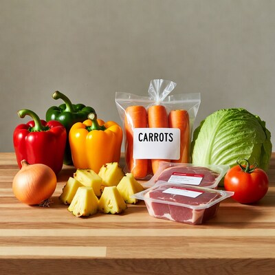 Fresh vegetables and meat on table