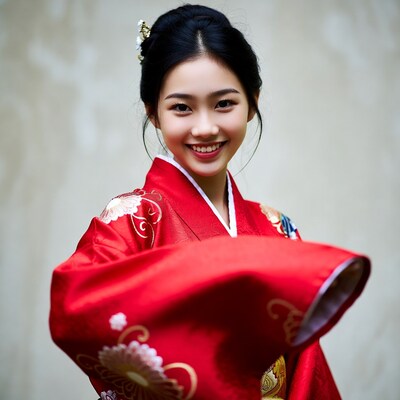 Asian woman in red kimono