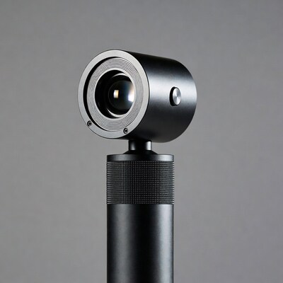 Black camera lens on stand