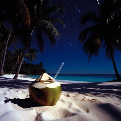 Coconut drink on tropical beach at night