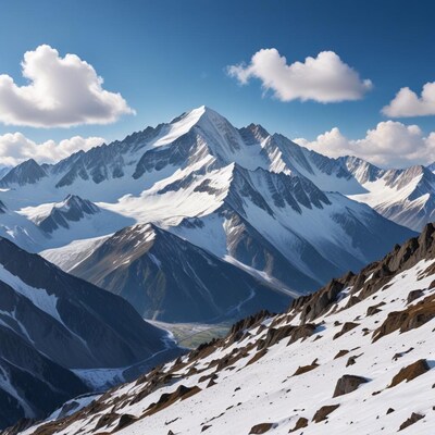 Snowy mountain range under blue sky
