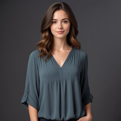 Woman in teal blouse