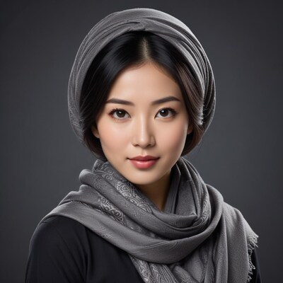 Asian woman wearing gray headscarf