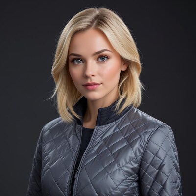 Blonde woman in gray jacket
