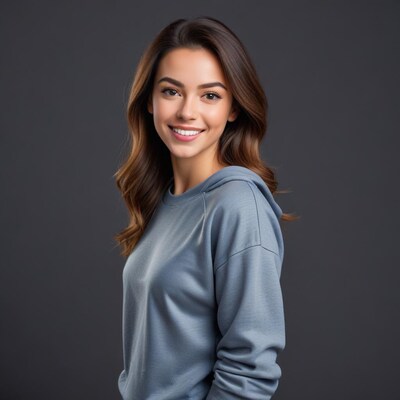 Smiling woman in blue hoodie
