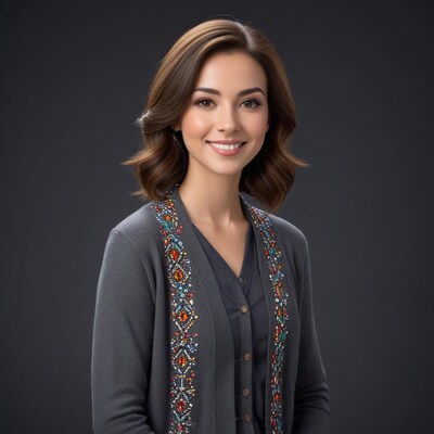 Smiling woman in embroidered cardigan
