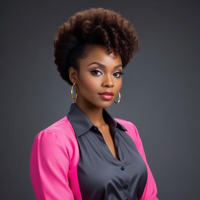 Woman with curly hair in pink shirt