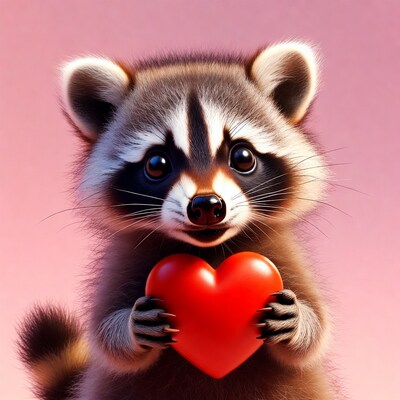 Cute raccoon holding red heart