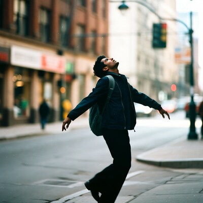 Young man dancing on city street