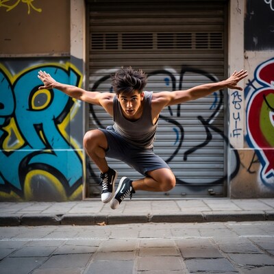 Asian man jumping on street
