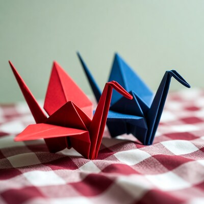 Red and blue origami cranes
