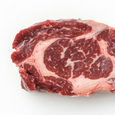 Raw ribeye steak on white background