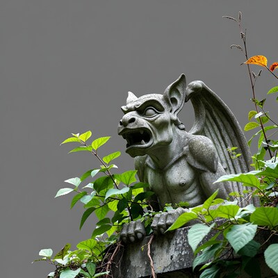 Stone gargoyle with green leaves
