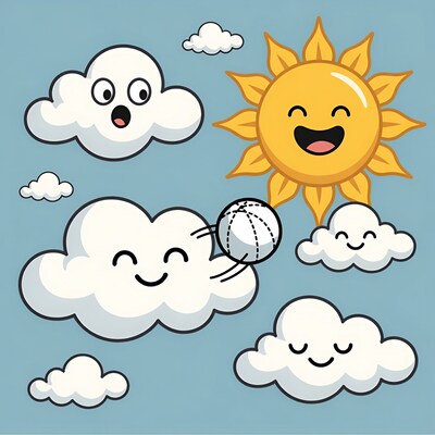 Cartoon sun and clouds playing