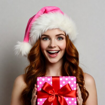 Woman in Santa hat holding gift