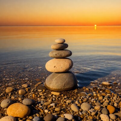 Stacked stones at sunset beach