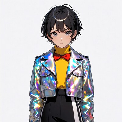 Anime girl in holographic jacket