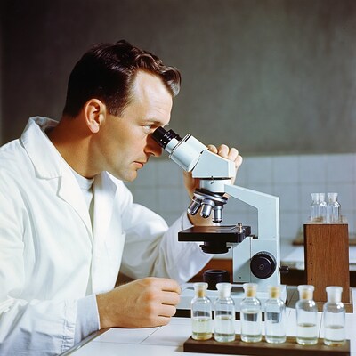 Scientist using microscope in lab