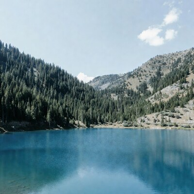 Mountain lake with pine forest