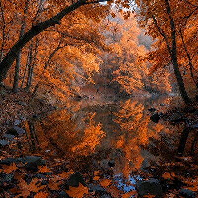 Autumn forest river with orange leaves