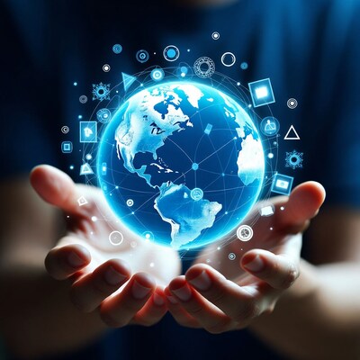 Hands holding glowing digital earth