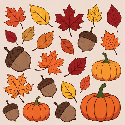 Autumn leaves acorns and pumpkins