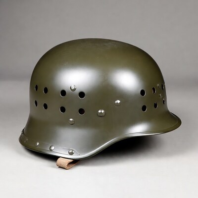 Green military helmet on white background