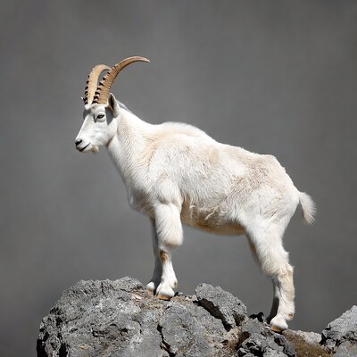 White goat standing on rocks