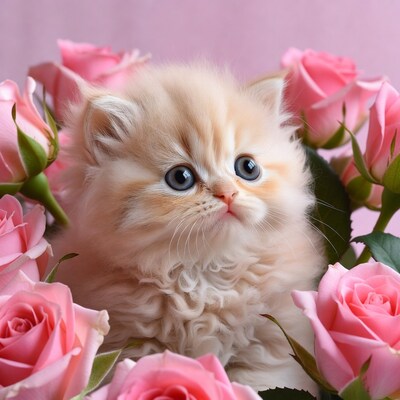 Fluffy kitten among pink roses