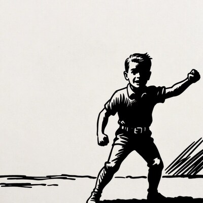 Boy running with fist raised