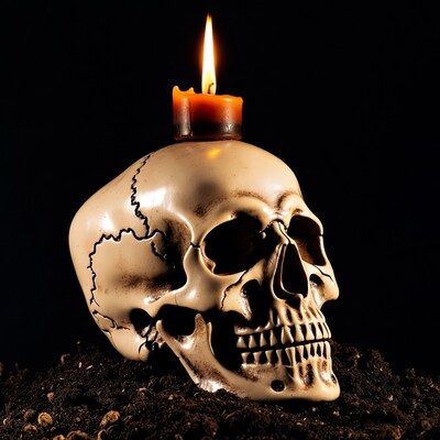 Skull with candle on dirt
