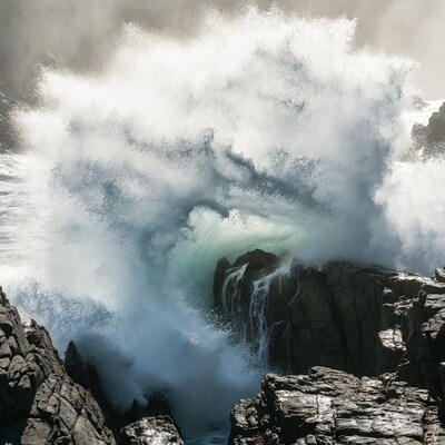 Ocean wave crashing on rocks
