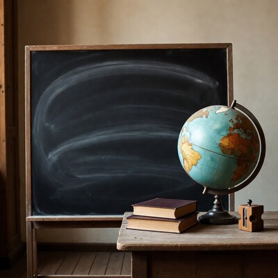 Chalkboard with globe and books