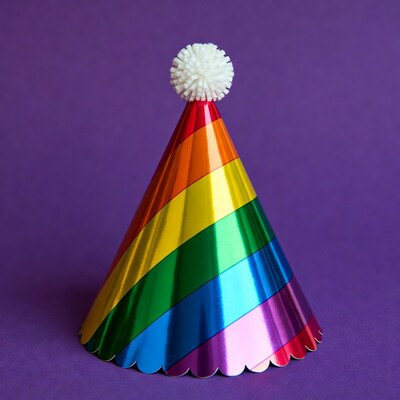 Rainbow party hat on purple background