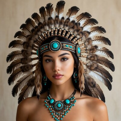 Woman wearing Native American headdress