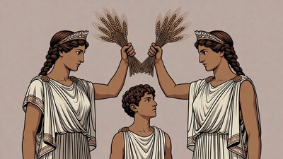 Women holding wheat over boy